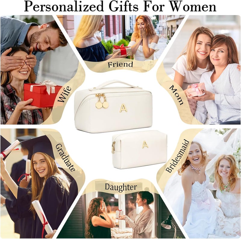CLOUDWINGS Birthday Gifts for Women Teen Girl, Personalized Initial Makeup Organizer Bag Set, Open Flat Travel Cosmetic Bag With Clear Divider and Handle(Beige,A) - Image 2